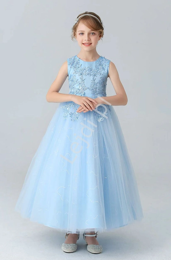 Błękitna sukienka wieczorowa dla dziewczynki, tiulowa sukienka dla nastolatki BX683