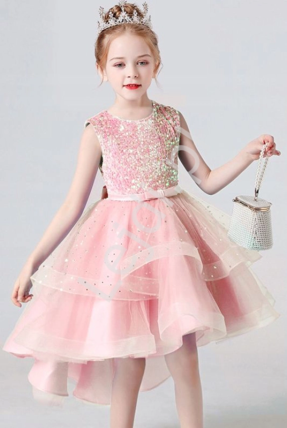 Jasno różowa sukienka dla dziewczynki z cekinami, gwiazdkami A88