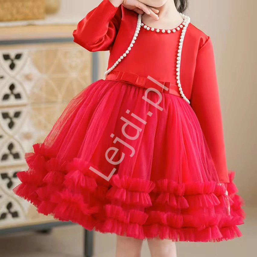 Komplet dziecięcy czerwona sukienka + bolerko z perełkami  2205
