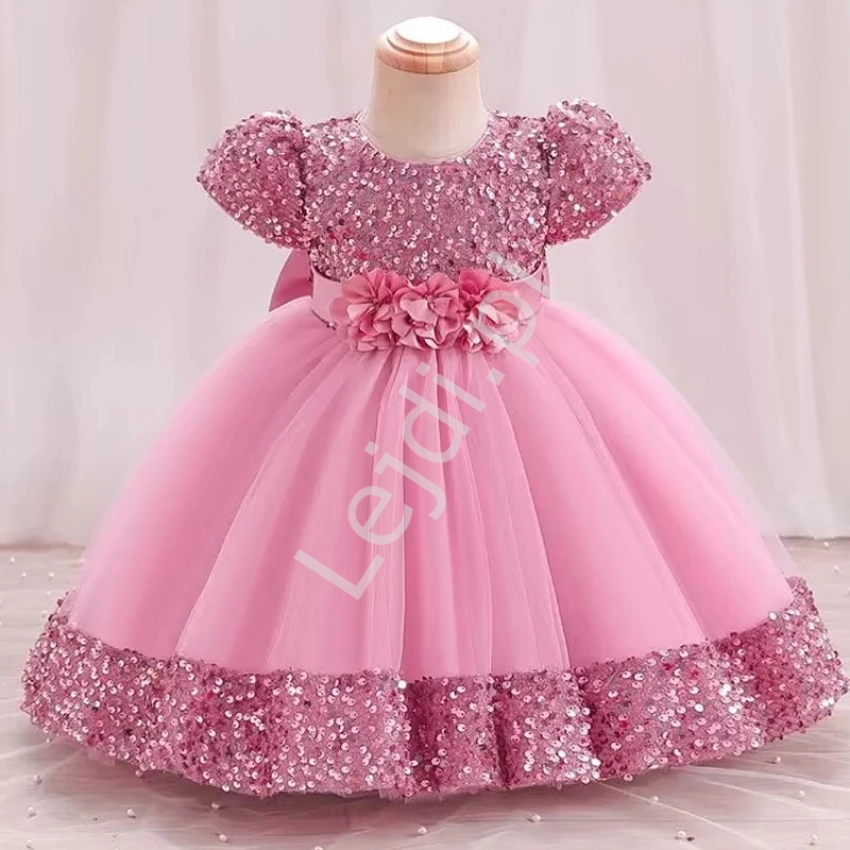 Krótka pustynno różowa sukienka wieczorowa dla dziewczynki z cekinami i kwiatkami 153