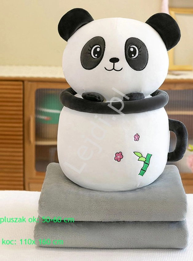 Śliczny zestaw kocyk + duża 60cm maskotka panda z garnuszkiem, prezent chrzest, urodziny dla dziecka